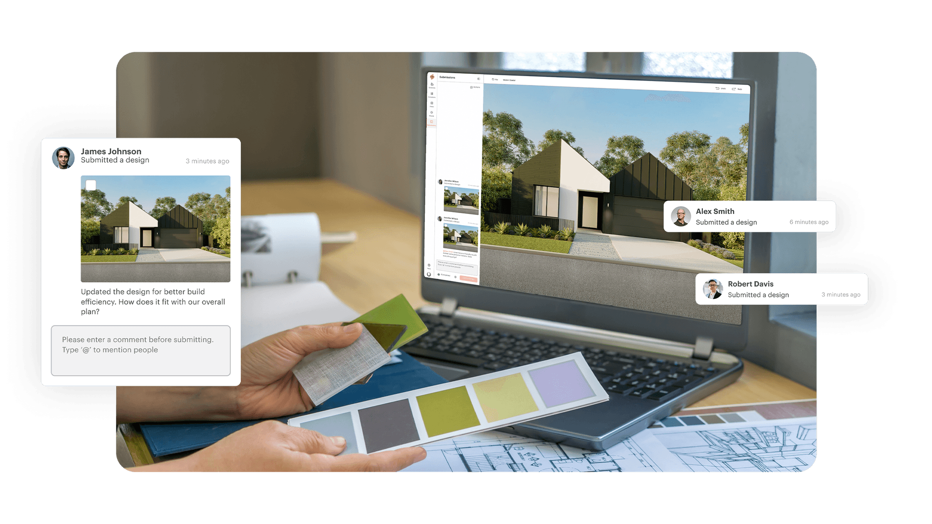 Architect reviewing material samples with digital home design on SoftwareLabs platform, facilitating efficient project collaboration and decision-making.